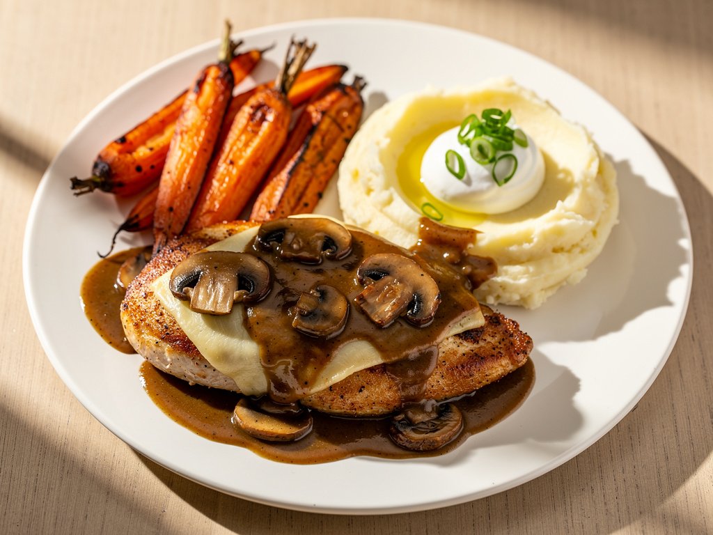 Cheesy Mushroom Chicken with Mashed Potatoes and Roasted Carrots