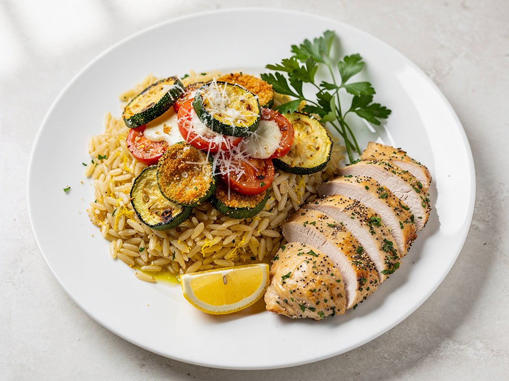 Cheesy Panko-Crusted Zucchini and Tomato with Lemon Orzo and Herb Chicken