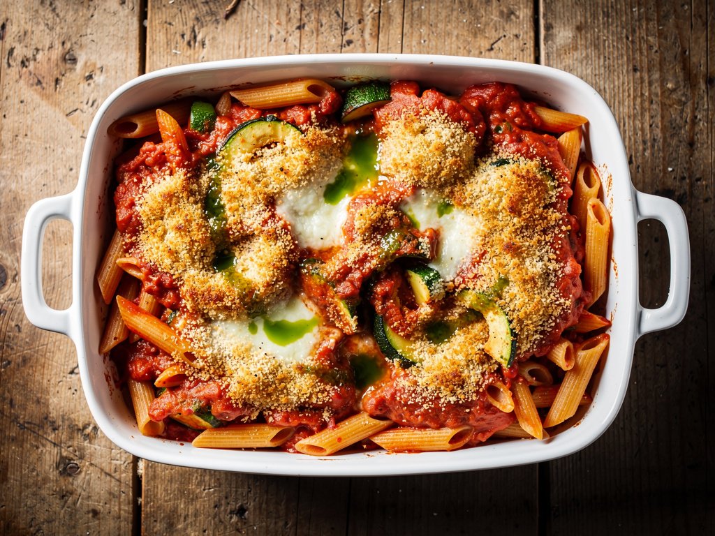 Cheesy Penne Pasta Bake with Zucchini and Marinara