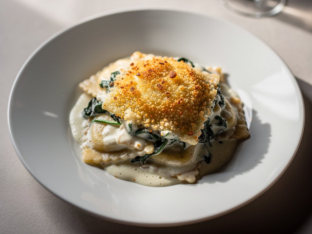 Cheesy Ravioli Gratin with Spinach and Thyme Breadcrumbs