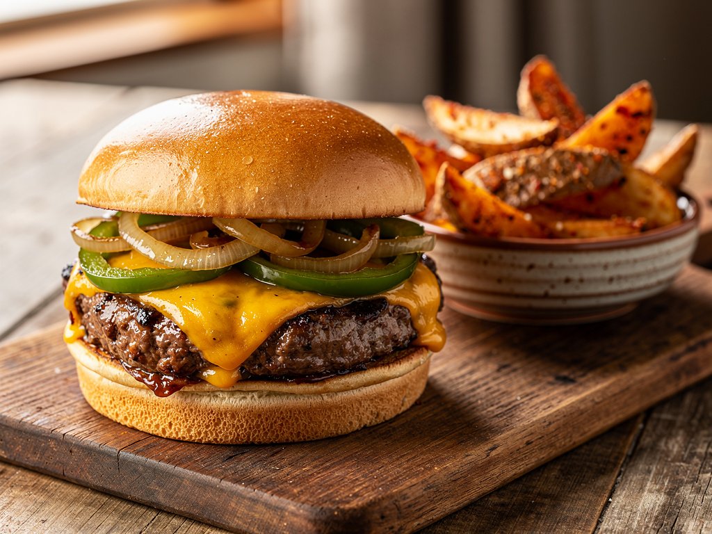 Cheesy Smothered Burgers with BBQ Potato Wedges