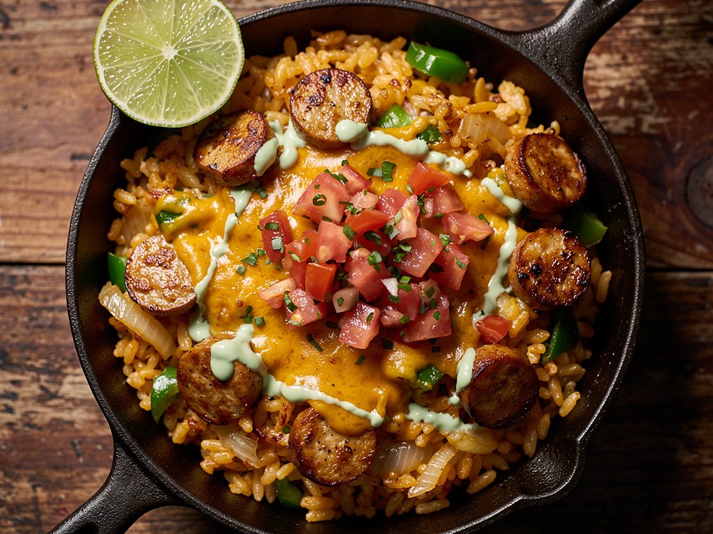 Cheesy Southwest Chicken Sausage and Rice Skillet with Salsa Fresca and Lime Crema