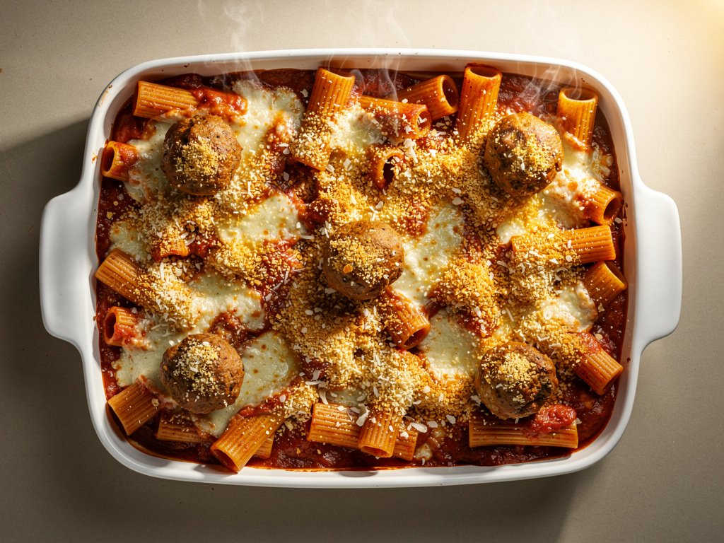 Cheesy Stuffed Meatball Rigatoni Bake with Crispy Parmesan-Panko Topping