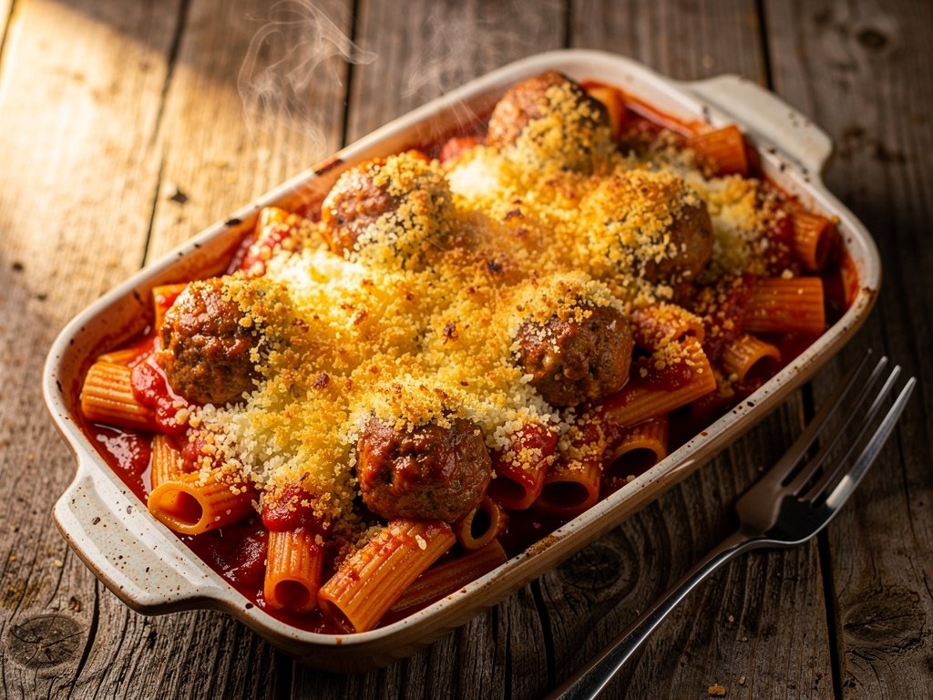 Cheesy Stuffed Meatball Rigatoni Bake with Crispy Panko Topping