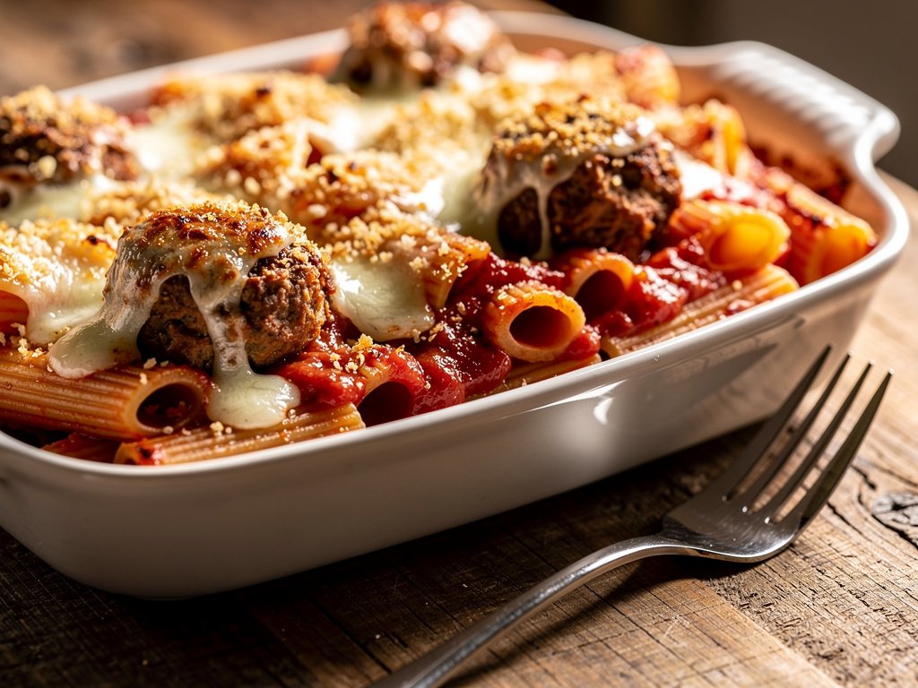 Cheesy Stuffed Meatball Rigatoni Bake with Crispy Panko Topping