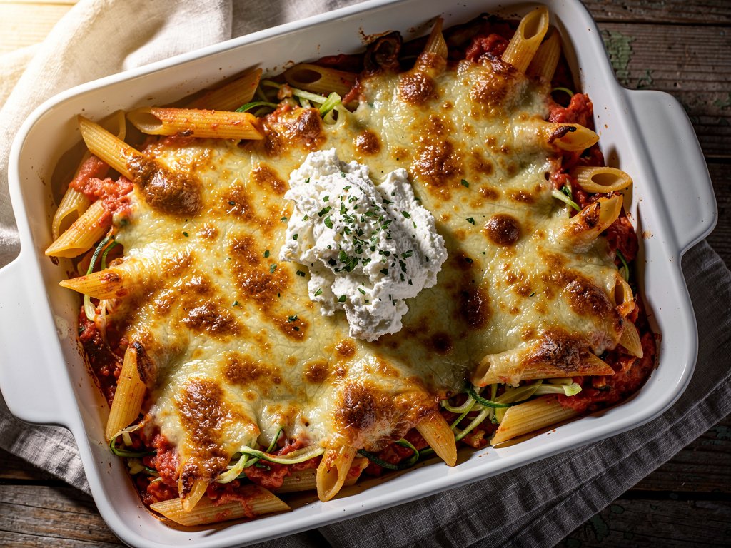 Cheesy Zucchini Penne Bake with Herbed Ricotta and Marinara