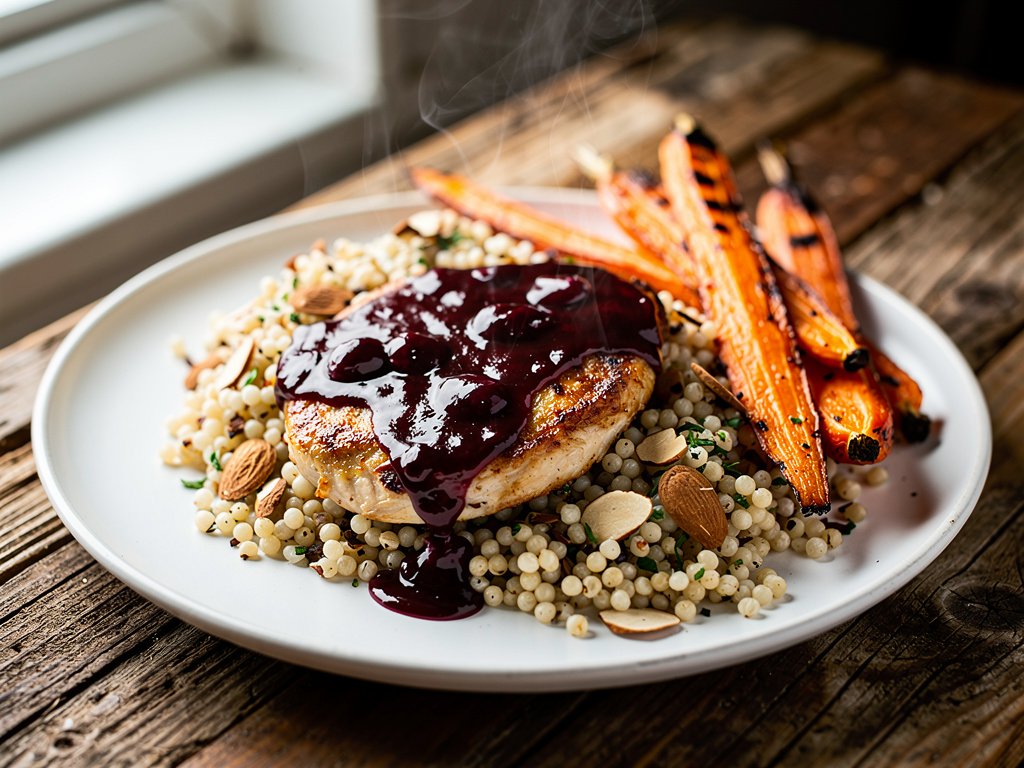 Cherry Balsamic Chicken with Almond Couscous and Roasted Carrots