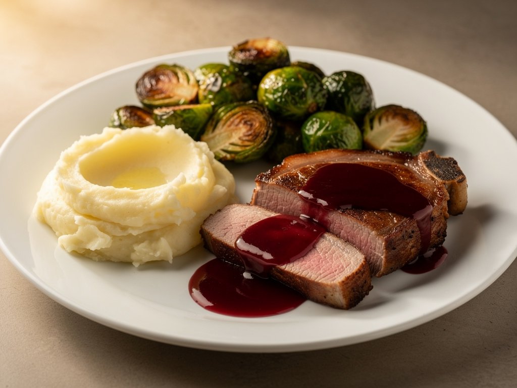 Cherry Glazed Pork Chops with Roasted Brussels Sprouts and Garlic Mashed Potatoes