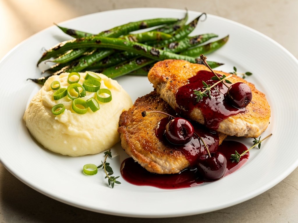 Cherry Thyme Chicken with Scallion Mashed Potatoes and Roasted Green Beans