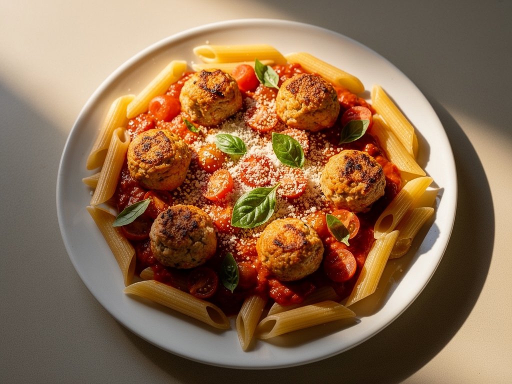 Juicy Chicken Meatballs with Penne in Tomato Basil Sauce