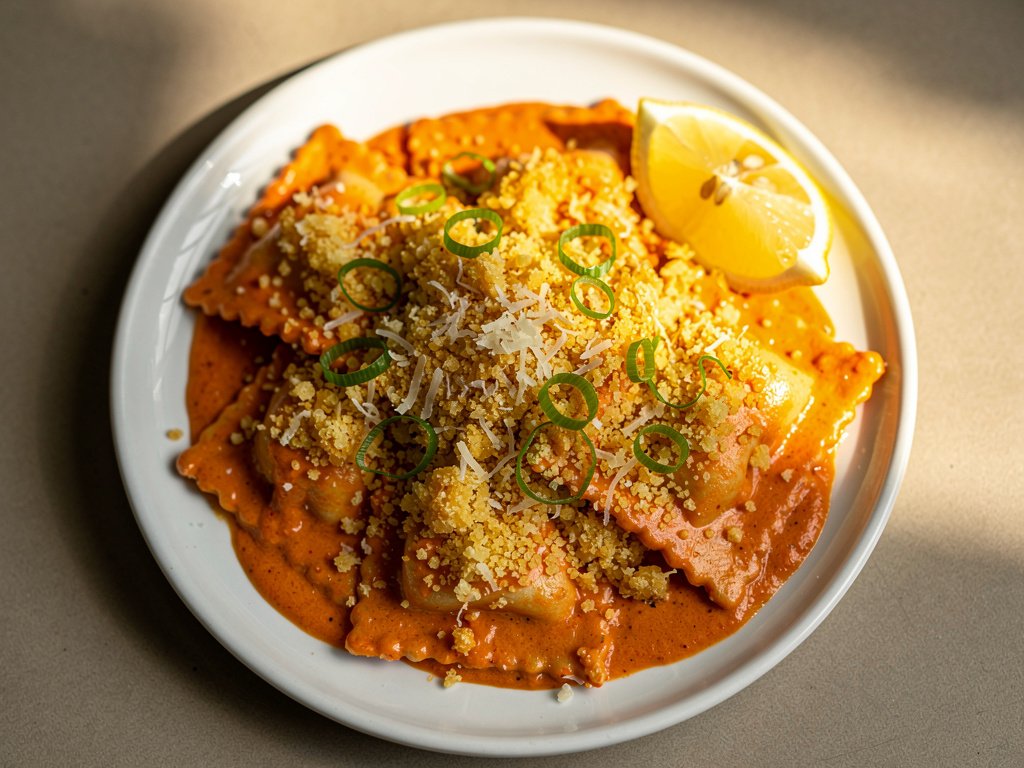 Chicken Romesco Ravioli with Tomato Cream Sauce and Lemony Panko