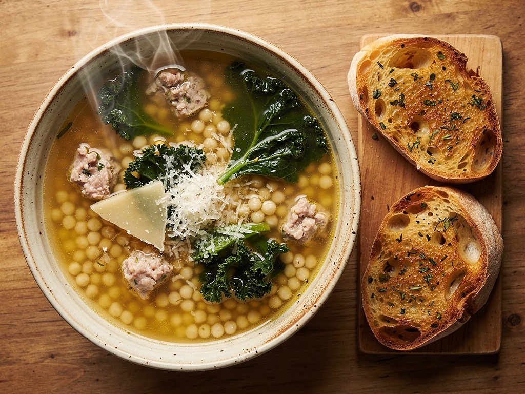 Hearty Chicken Sausage, Couscous, and Kale Soup with Garlic Herb Ciabatta