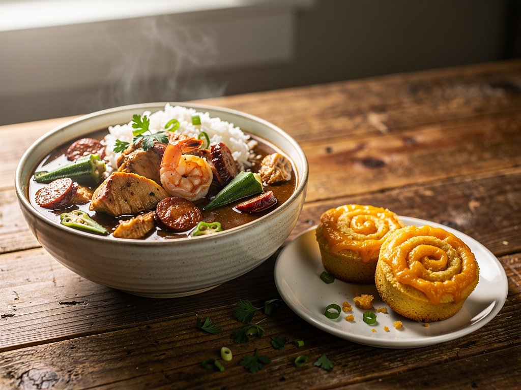 Hearty Chicken, Sausage & Shrimp Gumbo with Cheesy Cornbread Swirls