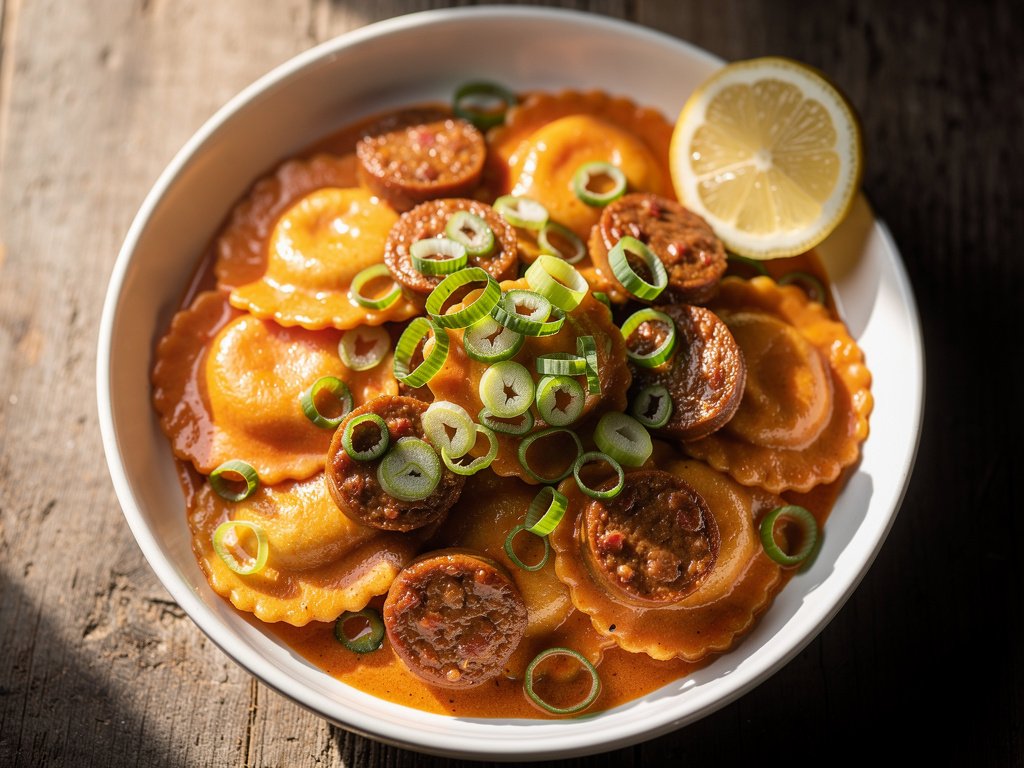 Quick Chicken Sausage and Spinach Ricotta Ravioli with Lemon Tomato Sauce