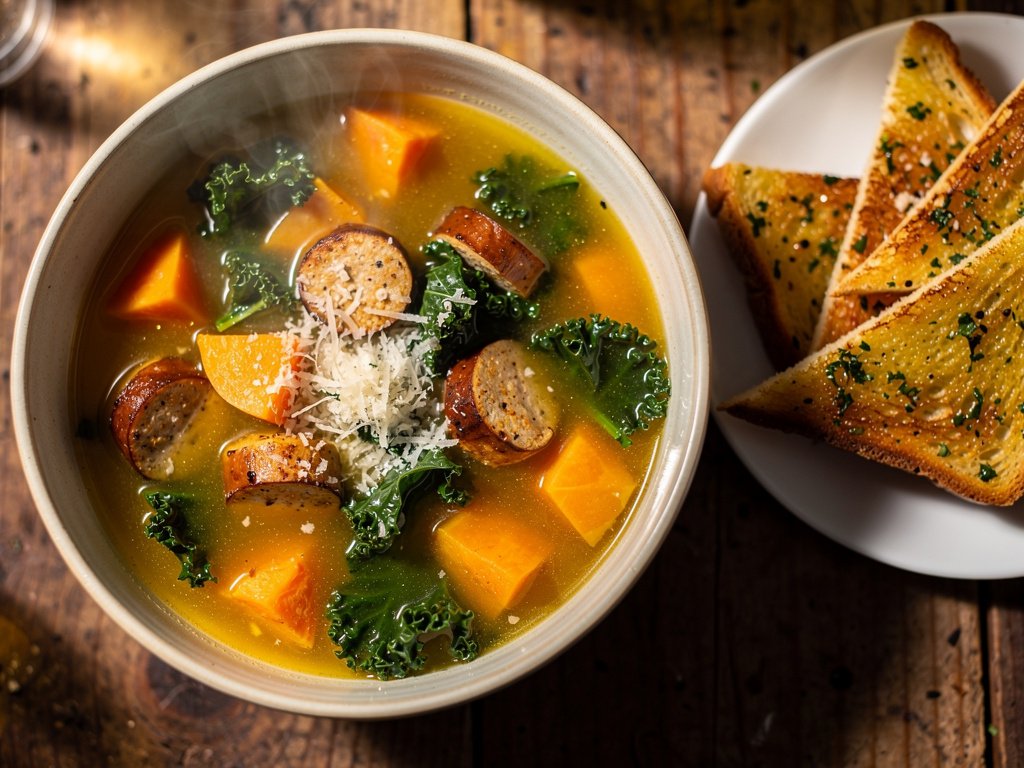 Hearty Chicken Sausage and Sweet Potato Soup with Kale
