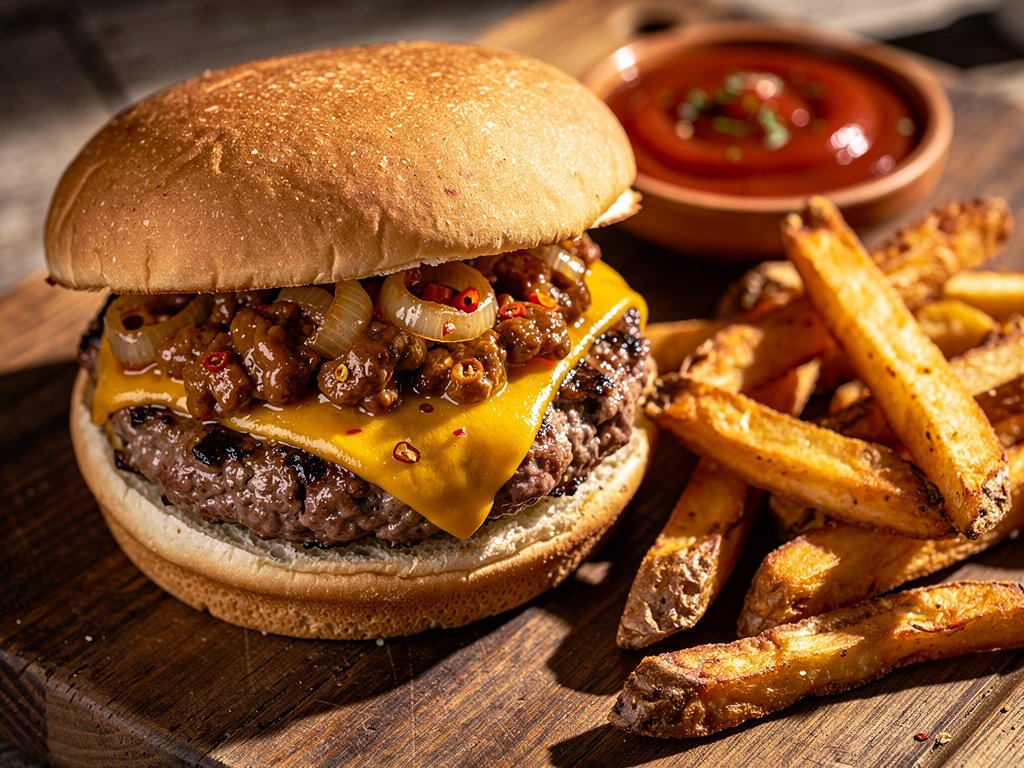 Juicy Chili Cheeseburgers with Crispy Steak Fries