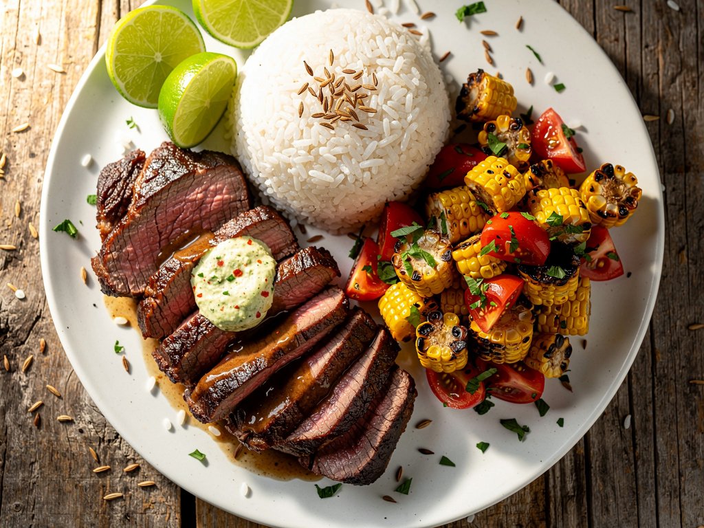 Chili Lime Steak with Charred Corn Salad and Cumin Rice