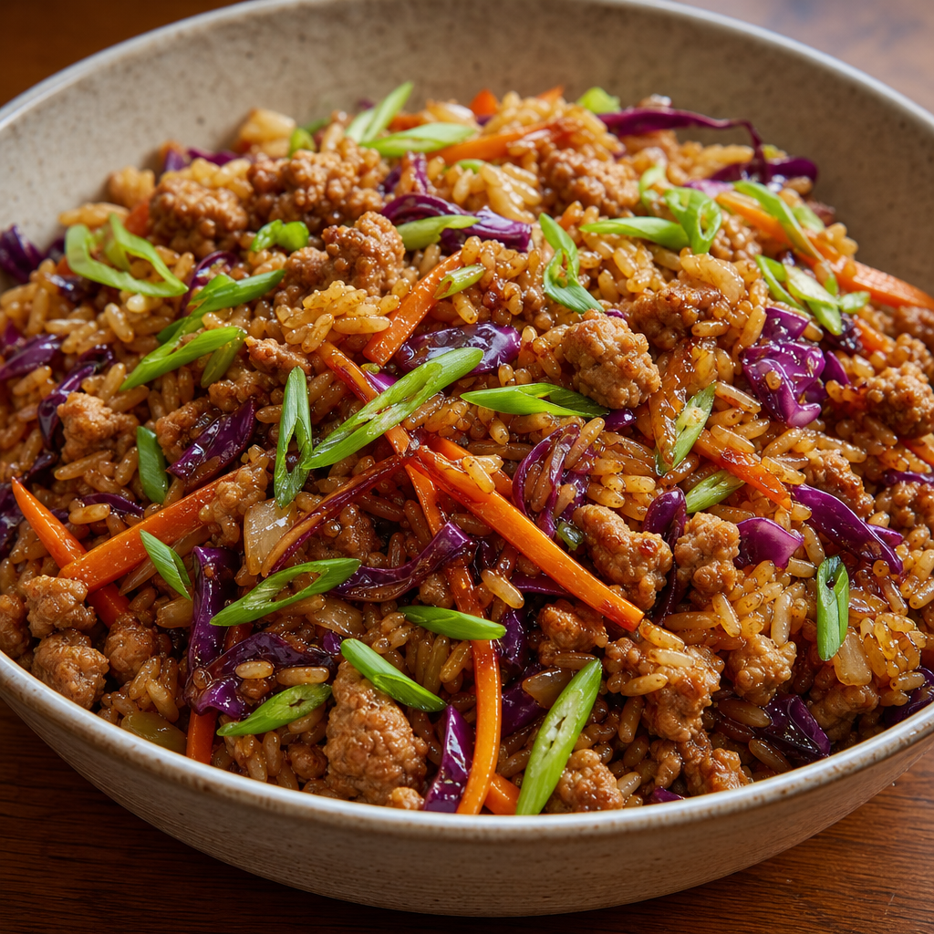 Chili-Soy Pork Fried Rice with Cabbage, Carrots and Scallions
