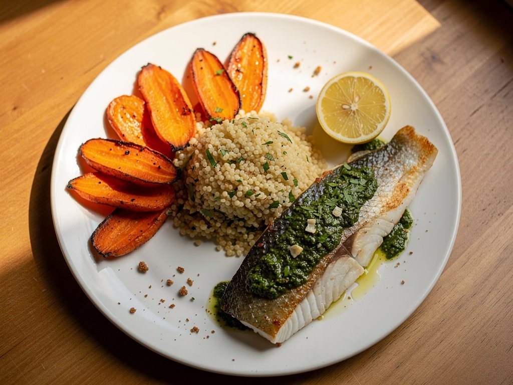 Chimichurri Barramundi with Lemony Carrots and Garlic Couscous