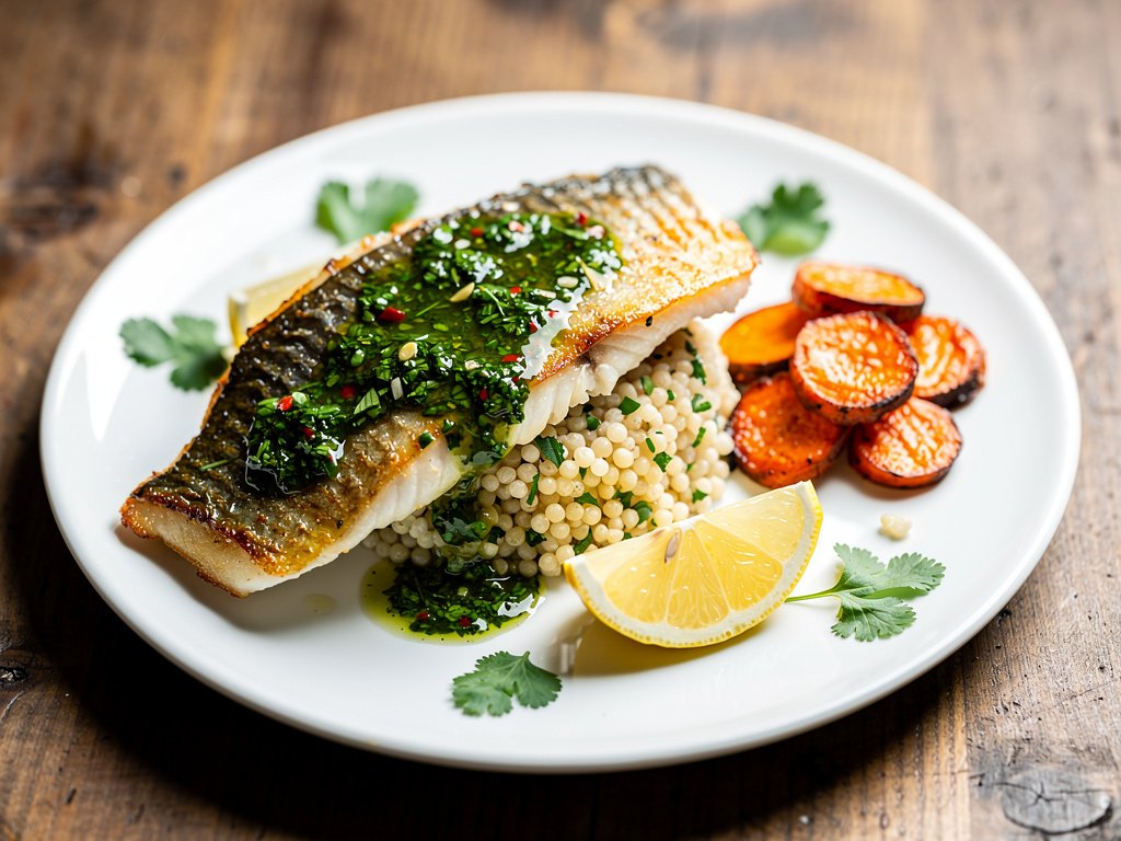 Chimichurri Barramundi with Lemony Carrots and Garlic Herb Couscous