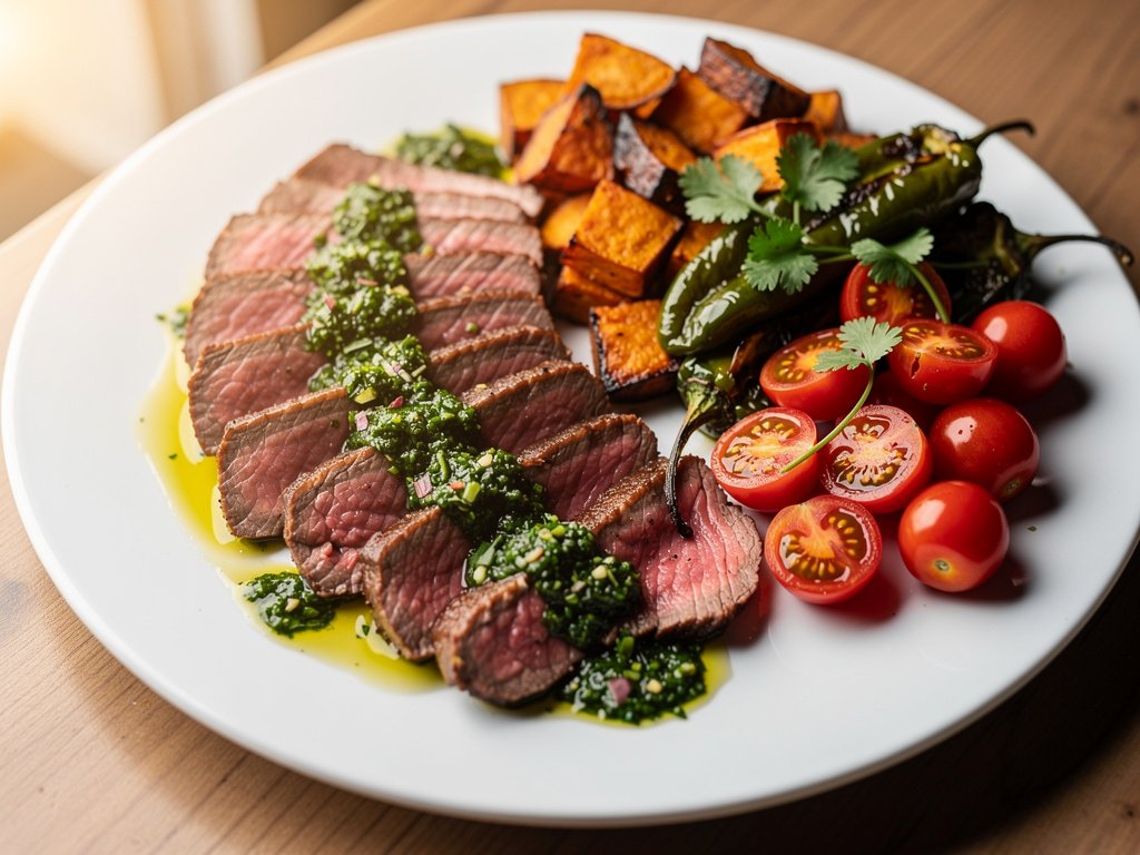Chimichurri Steak with Roasted Sweet Potato and Poblano Jumble