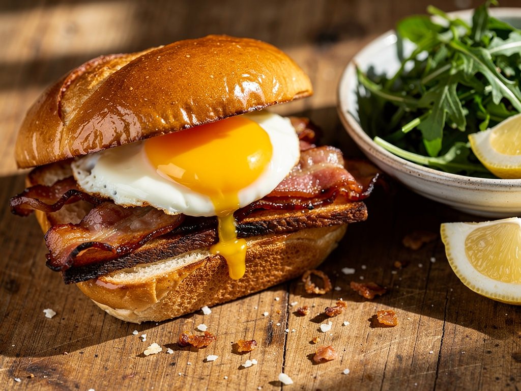 Chipotle Bacon Egg and Cheese Brioche Sandwich with Lemon Arugula Salad