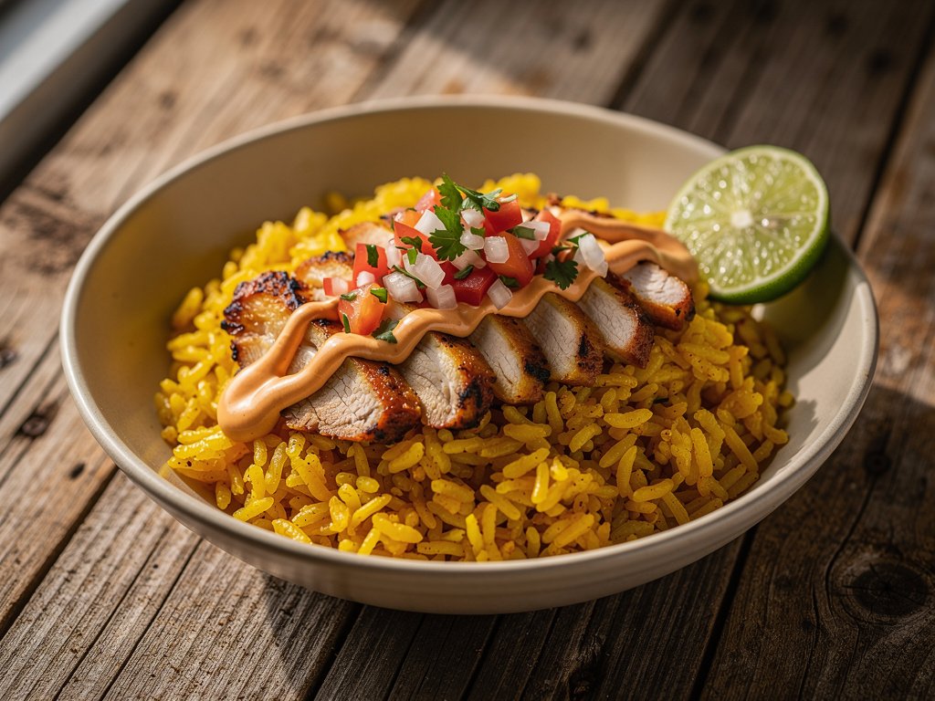 Chipotle Chicken Bowls with Turmeric Rice, Fresh Salsa, and Spicy Lime Crema