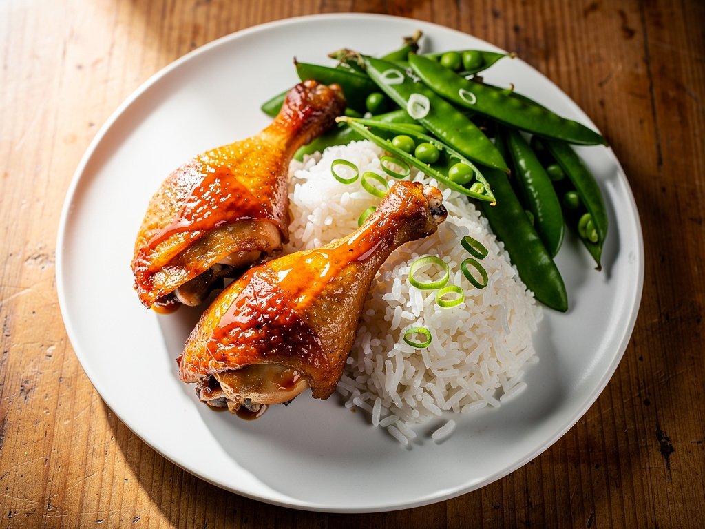 Chipotle Pineapple Chicken Legs with Lime Scallion Rice and Snap Peas
