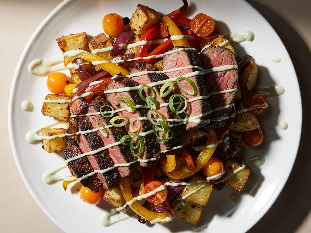 Chipotle Steak with Bell Pepper Potato Hash and Lime Crema