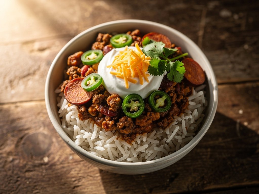 Hearty Chorizo and Beef Chili with Rice and Burrito Lunch