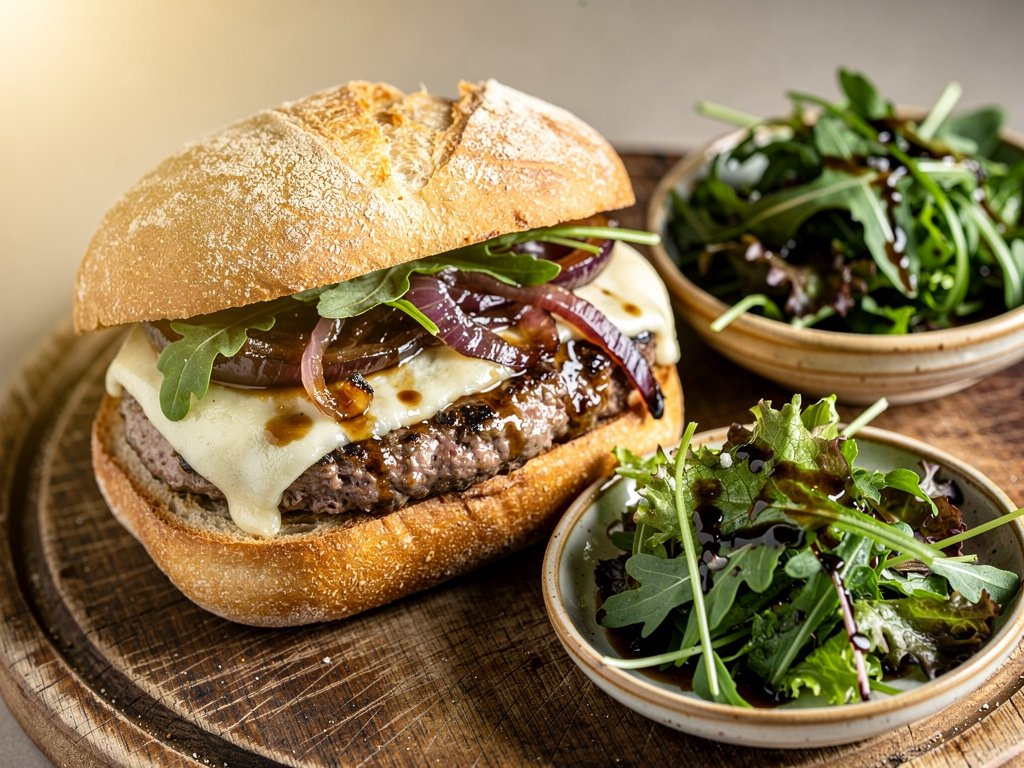 Ciabatta Burgers with Mozzarella and Balsamic Onion Salad