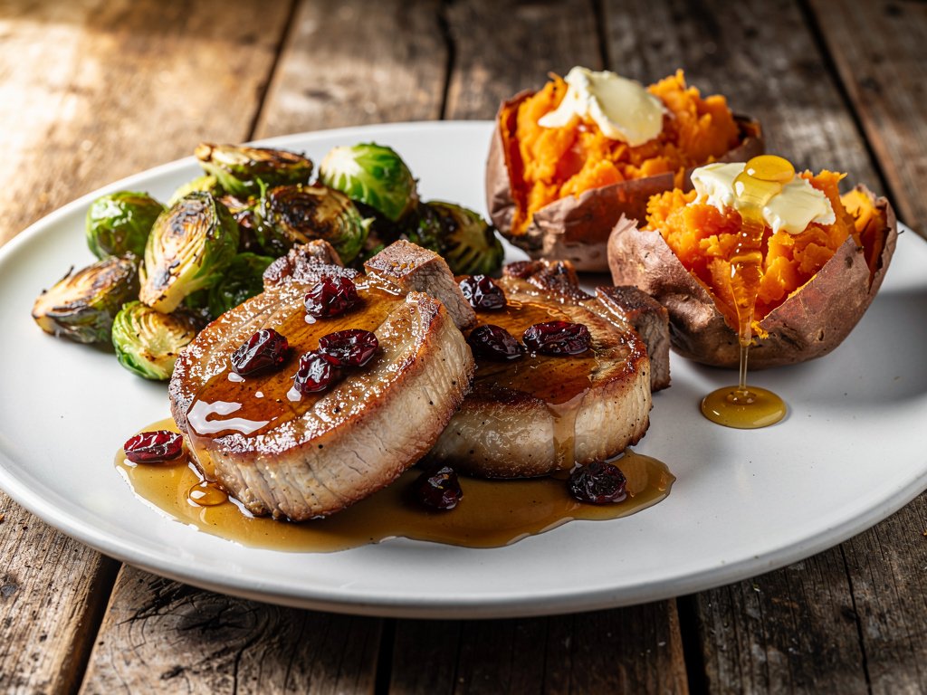 Cinnamon-Spiced Pork Chops with Roasted Brussels Sprouts and Honey Butter Sweet Potatoes