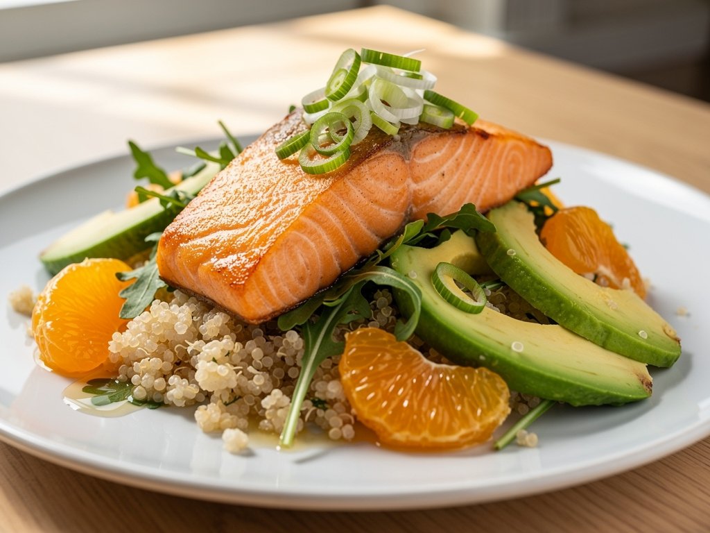 Citrus Avocado Salmon with Quinoa and Arugula Salad
