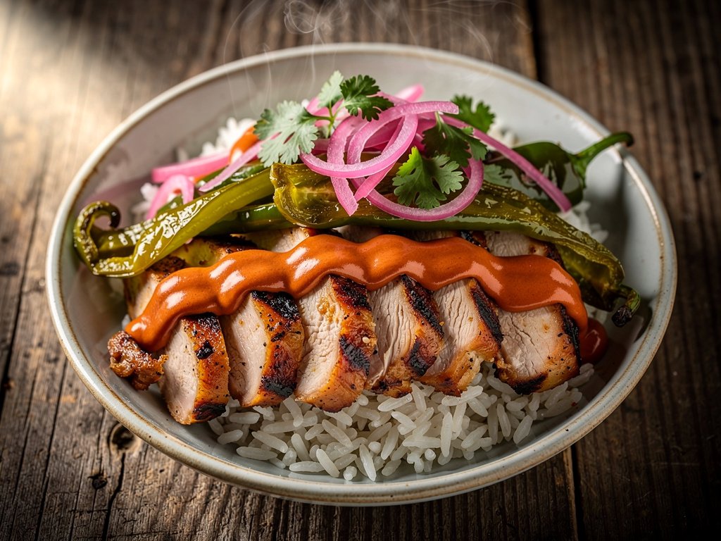 Citrus Marinated Chicken Bowls with Poblano and Smoky Red Pepper Crema