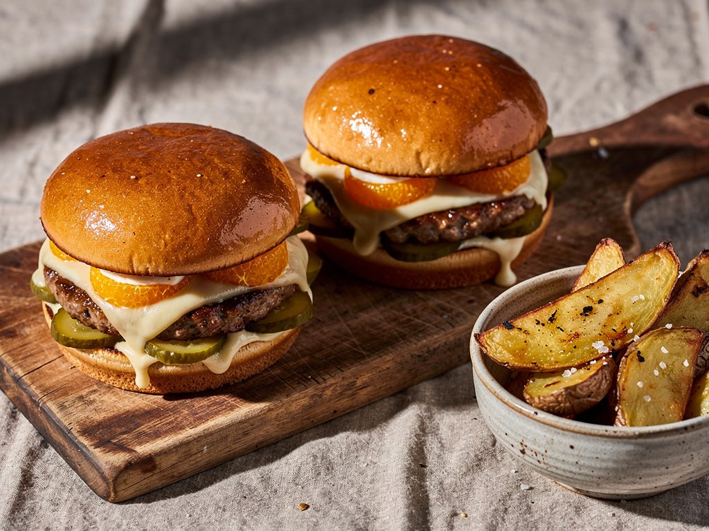 Citrus Mojo Pork Burgers with Zesty Mayo and Roasted Potato Wedges