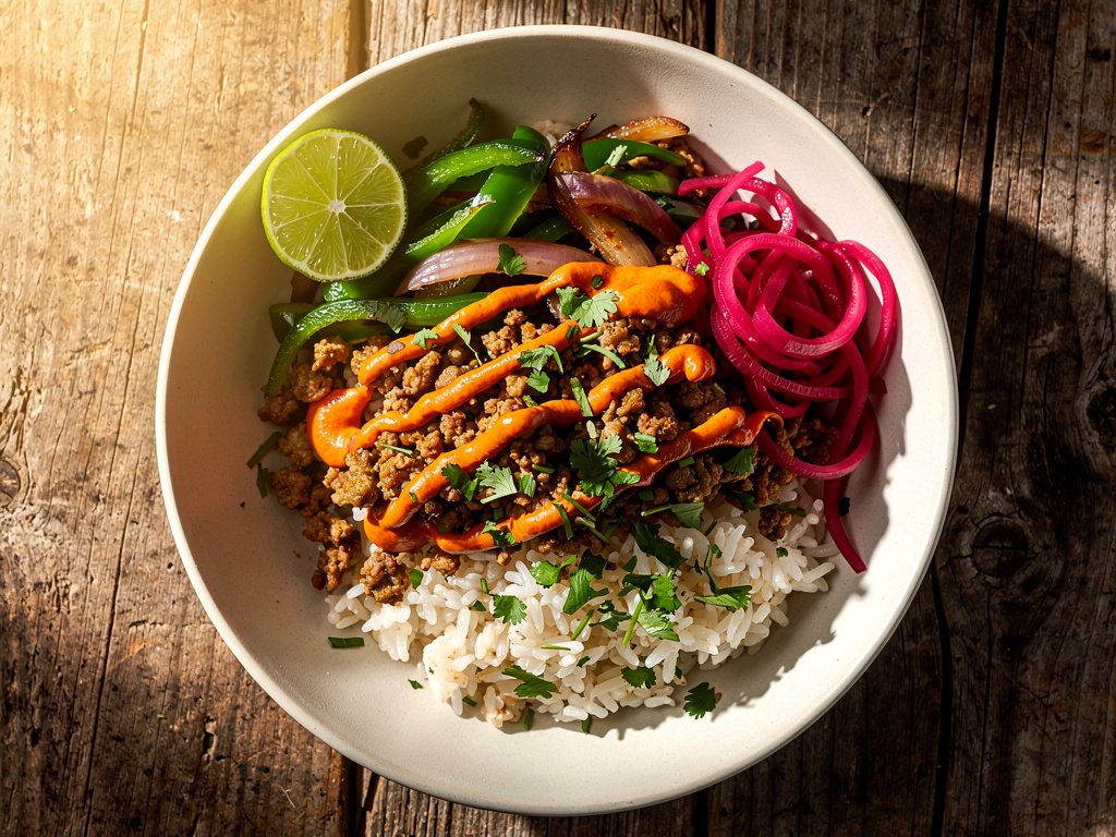 Citrus Turkey Rice Bowls with Smoky Red Pepper Crema