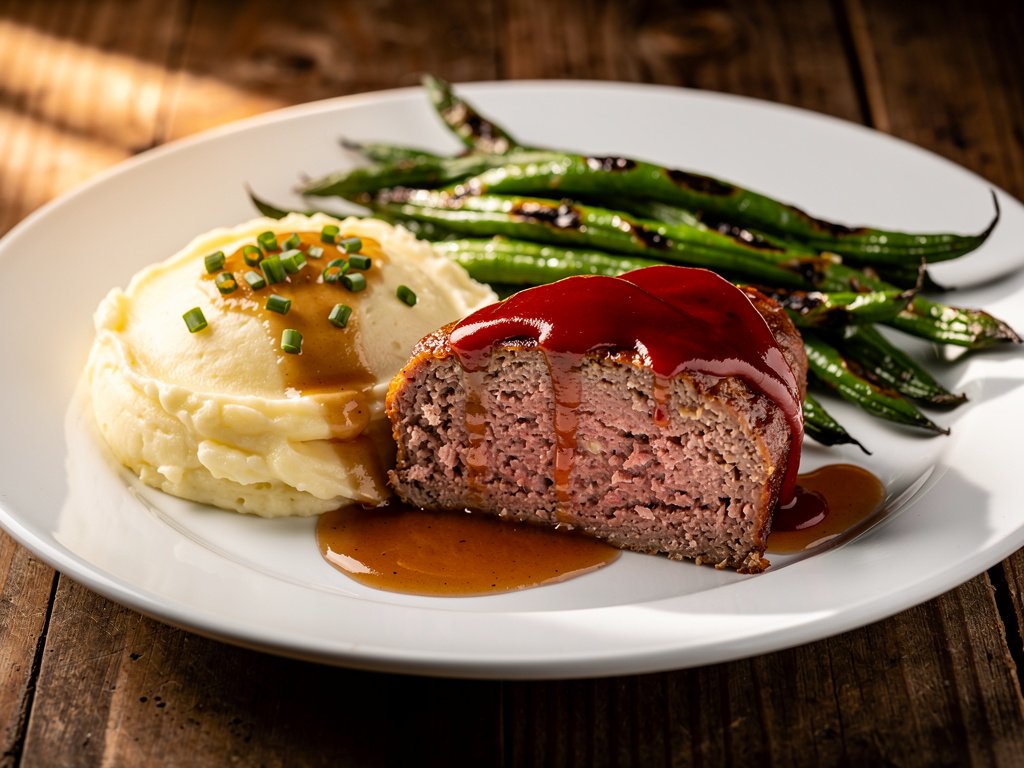 Classic Meatloaf with Mashed Potatoes, Green Beans, and Rich Gravy