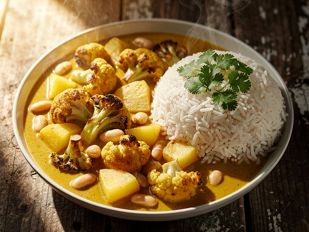 Quick Coconut Cauliflower and Bean Curry with Basmati Rice