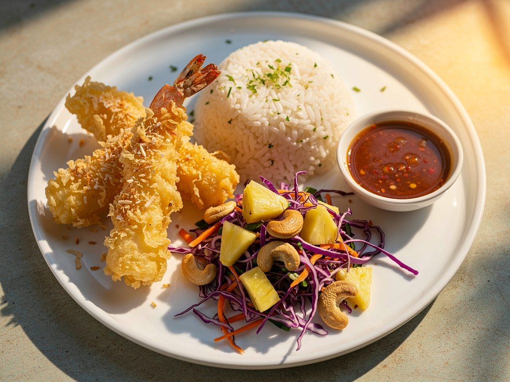 Coconut Tempura Shrimp with Pineapple Slaw and Lime Rice