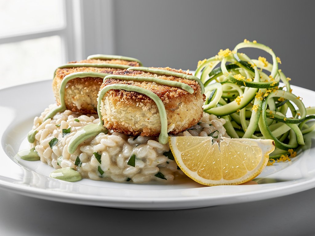 Crab Cakes Over Garlic Herb Risotto with Lemony Zucchini Ribbons