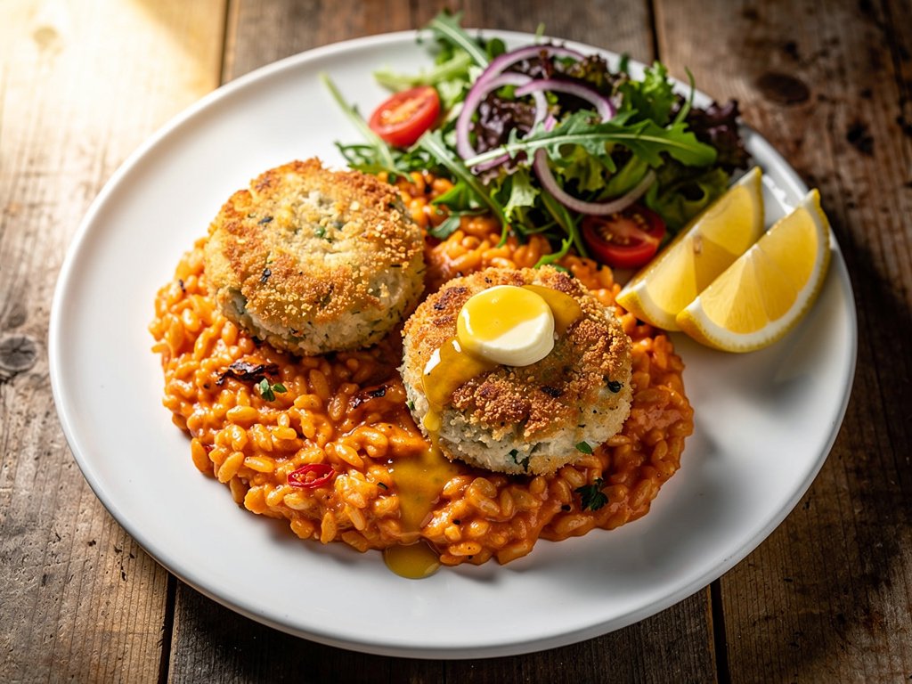 Crab Cakes with Spicy Tomato Risotto and Lemon Chili Butter