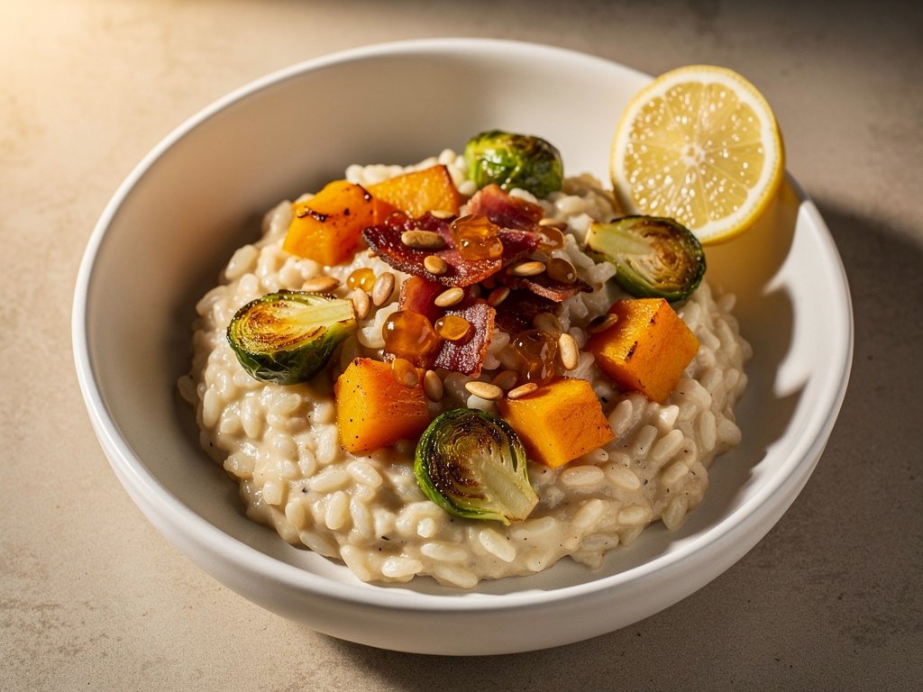 Creamy Autumn Risotto with Butternut Squash, Brussels Sprouts, and Honey Pepitas