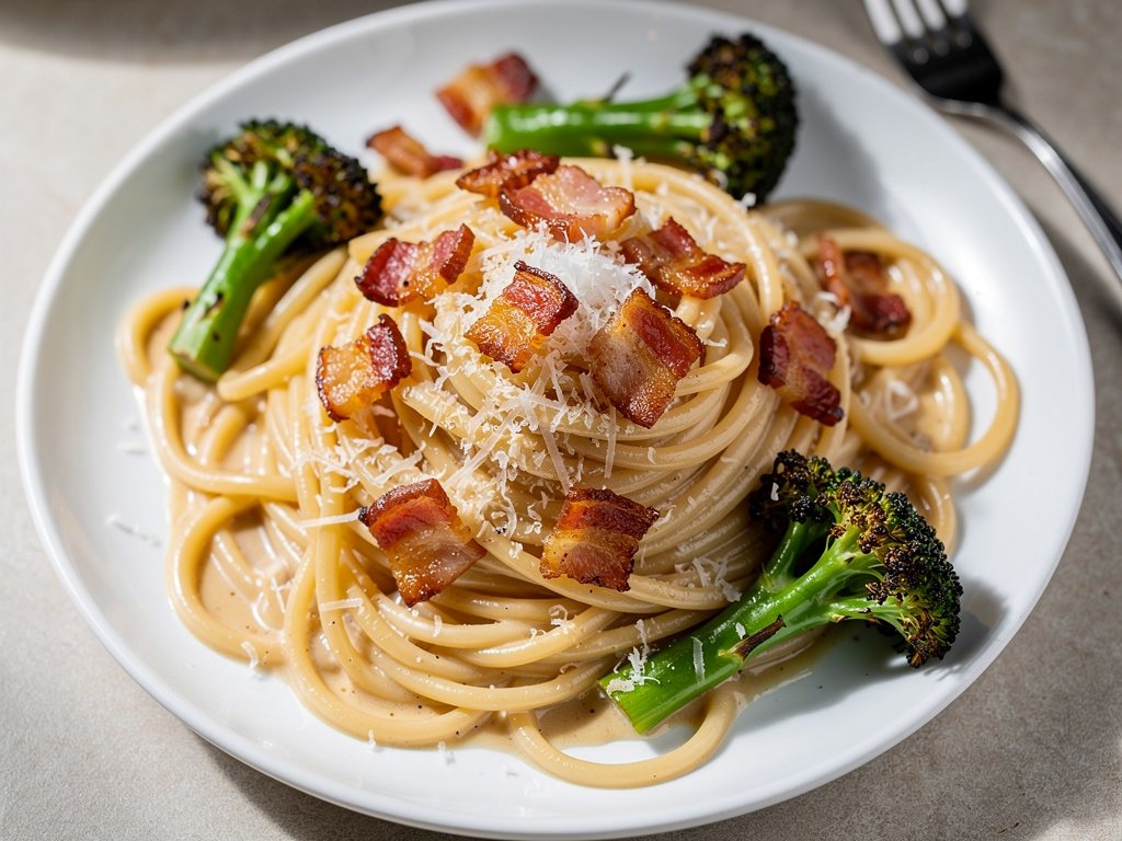 Creamy Bacon and Broccoli Spaghetti with Parmesan