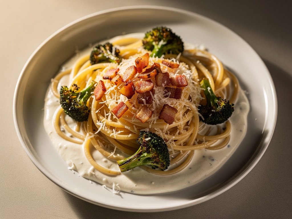 Creamy Bacon and Broccoli Spaghetti with Parmesan