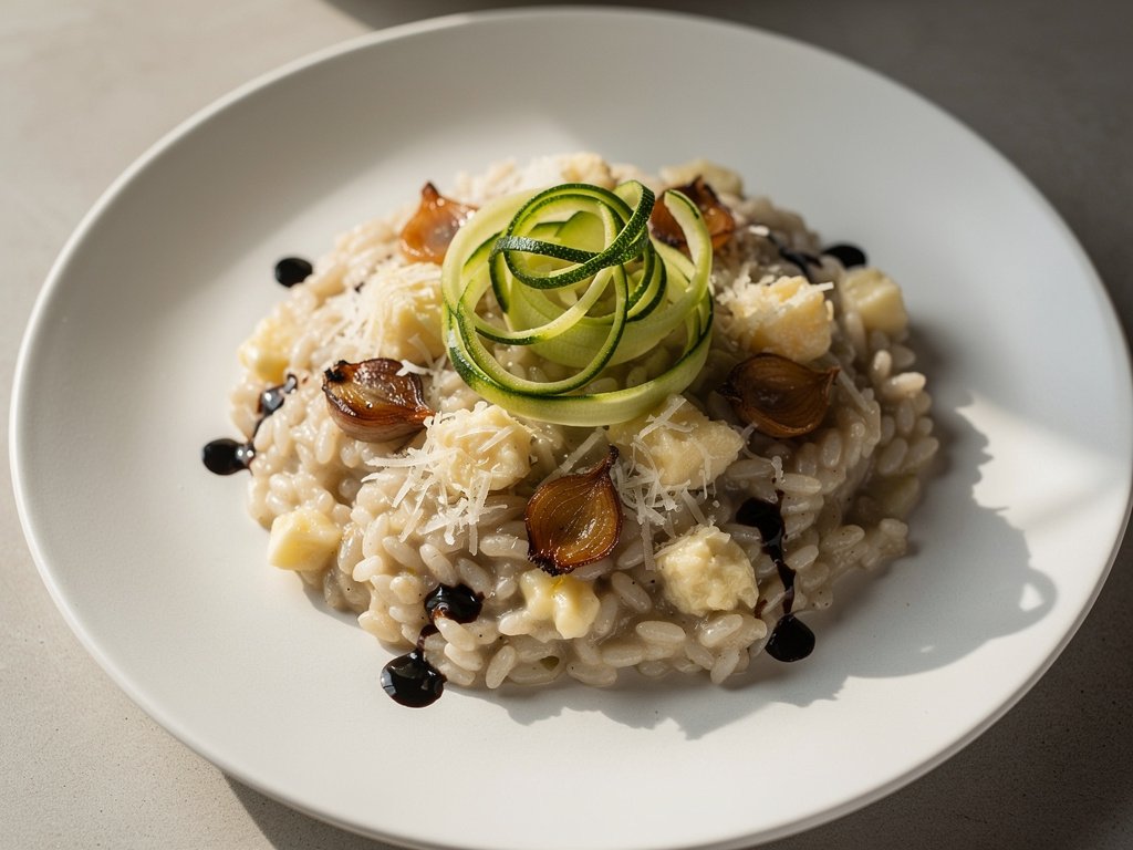 Creamy Balsamic Shallot Risotto with Lemon Zucchini Ribbons