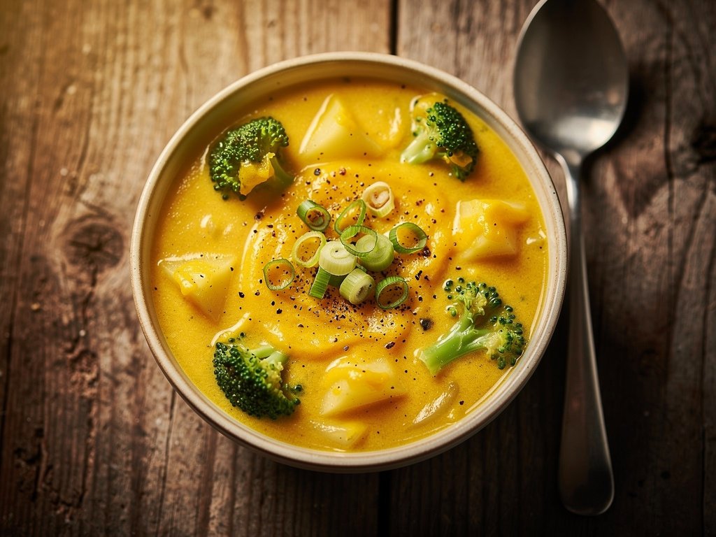 Creamy Broccoli Cheddar Chowder with Potatoes and Scallions