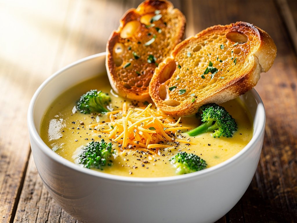 Creamy Broccoli Cheddar Soup with Crispy Garlic Bread