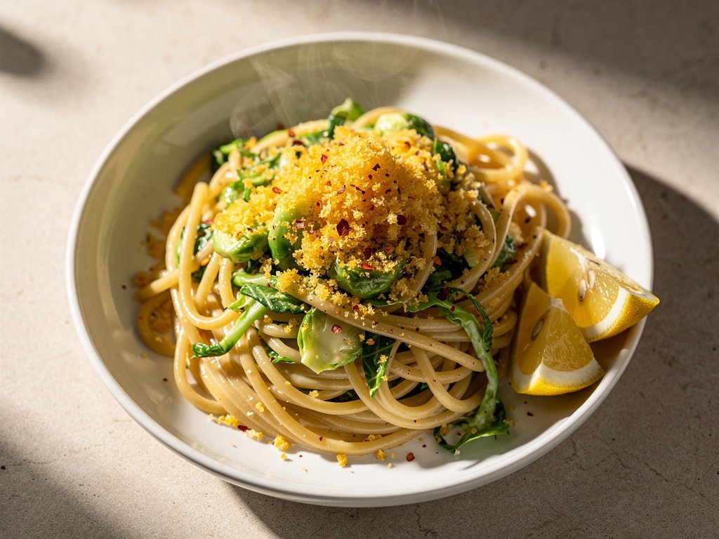 Creamy Brussels Sprouts Spaghetti with Toasted Panko & Parmesan
