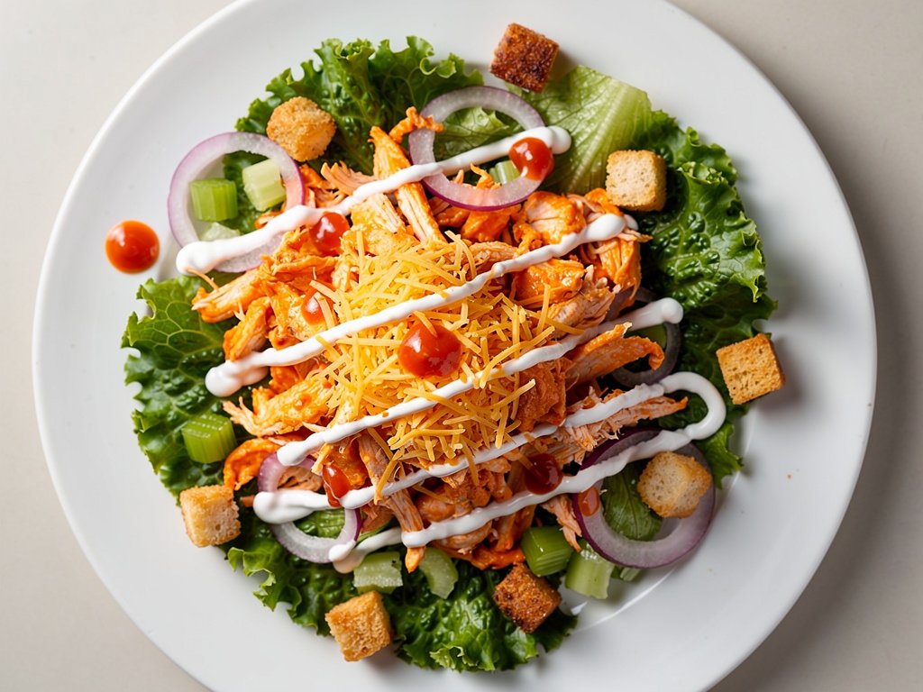 Creamy Buffalo Chicken Salad with Cheddar Croutons and Lemony Ranch
