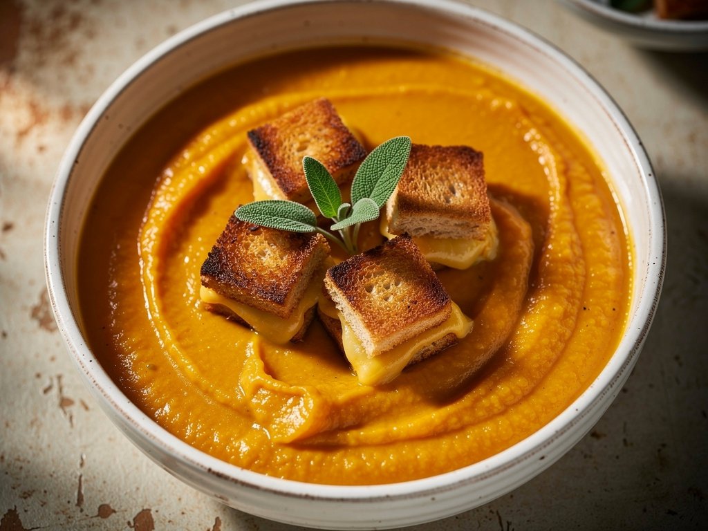 Creamy Butternut Squash Bisque with Grilled Cheese Croutons